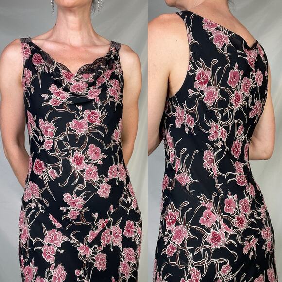 ICE silk beaded floral maxi dress long cowl neck vintage Y2K‎ pink black fairy M - Picture 15 of 17